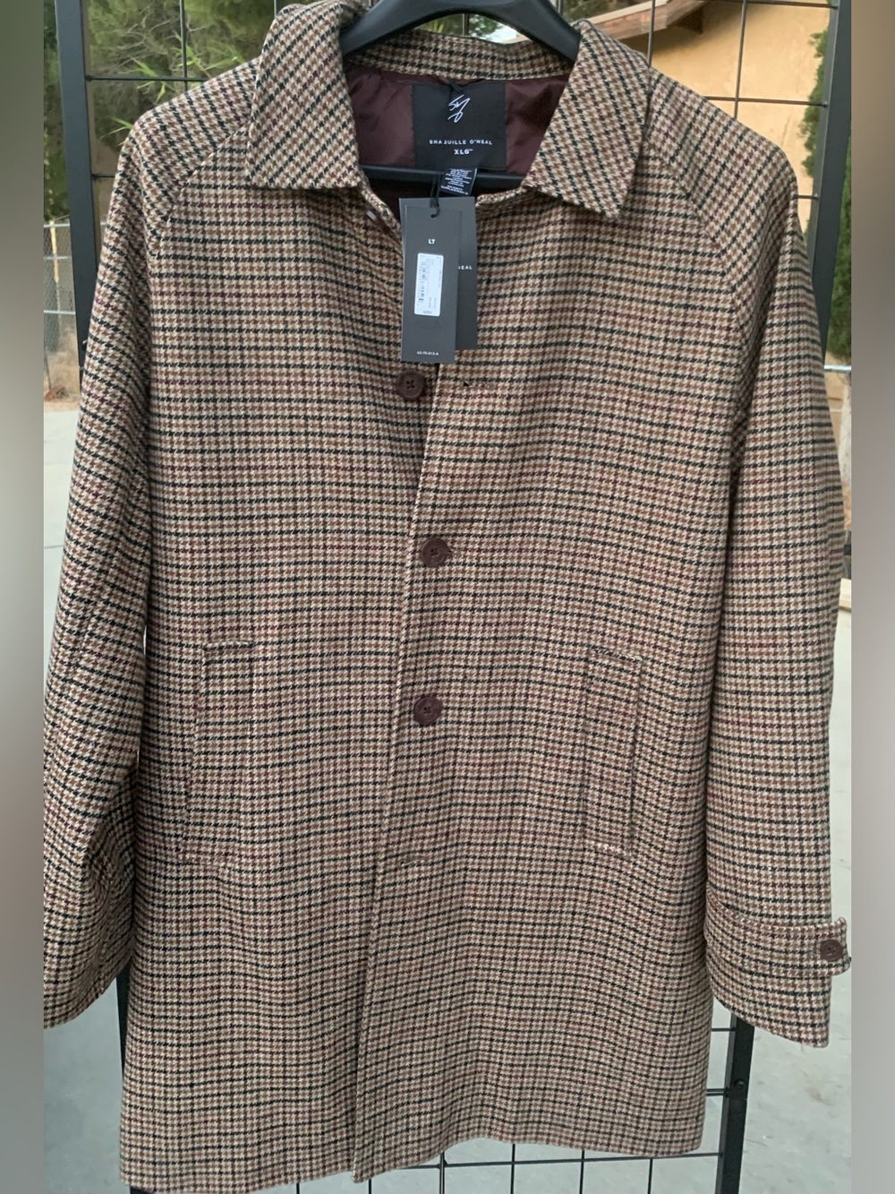 NWT Shaquille O’Neal XLG Houndstooth Trench Coat  - Burgundy Tartan Brown LT